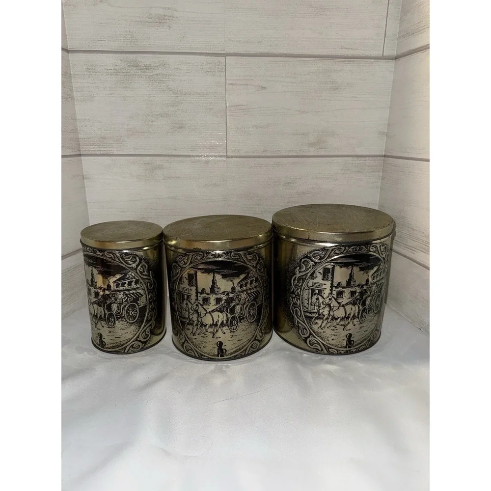 Vintage Etched Metal Nesting Tin Set , Canisters , Set Of 3 ,‎ Horse And Buggy
